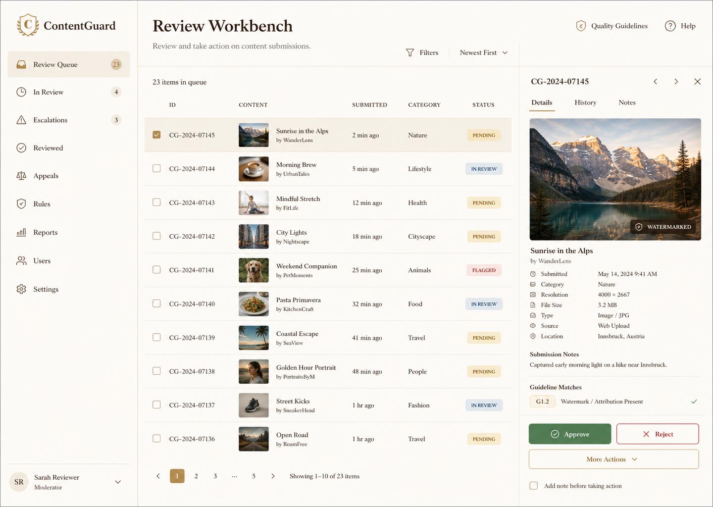 Supervision Workbench interface showing the review queue and item detail panel